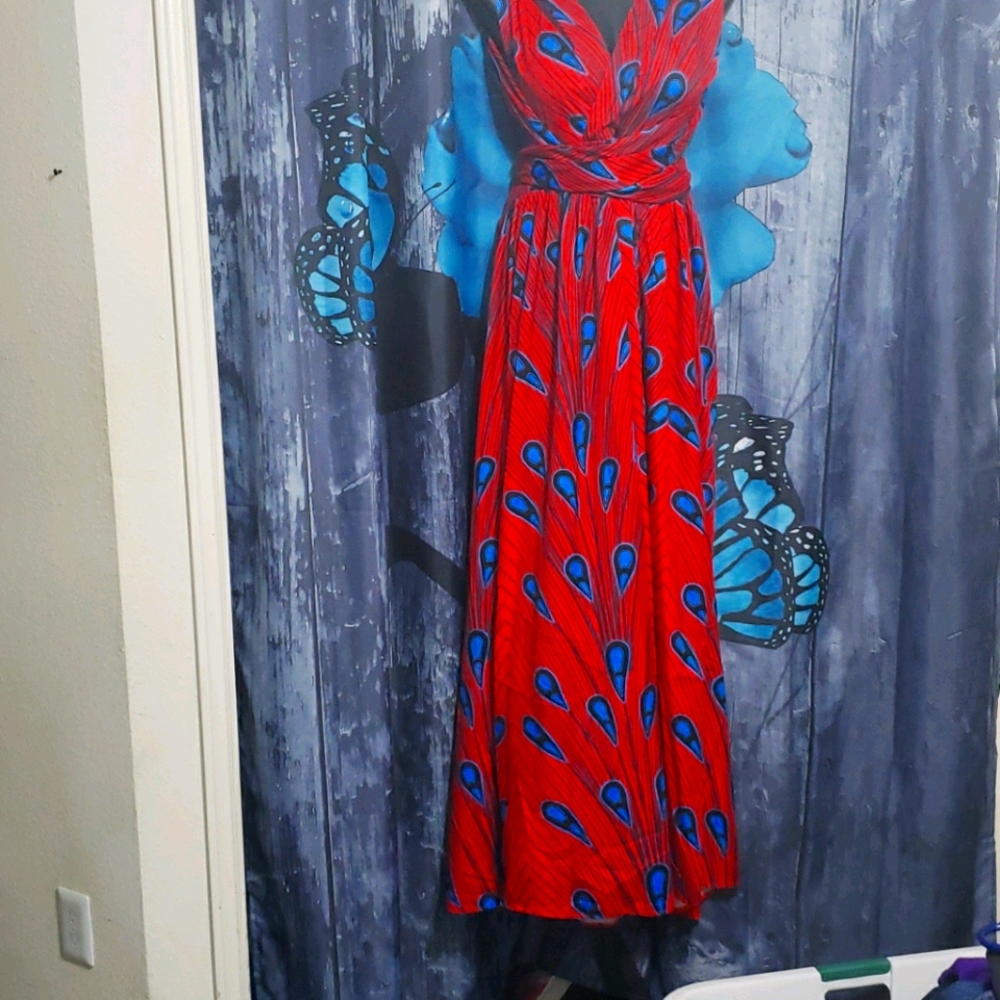 Red and blue print maxi dress